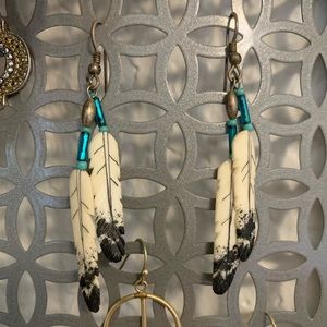 White and Teal bone “feather” Earrings